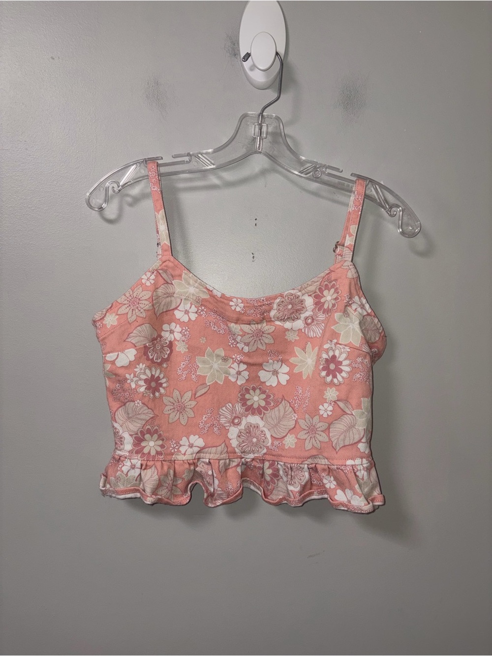 Altar’d State Coral Floral Denim Ruffle Spaghetti Strap Crop Top Boho Feminine M